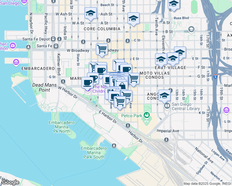 map of restaurants, bars, coffee shops, grocery stores, and more near 500 Third Avenue in San Diego
