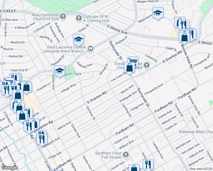 map of restaurants, bars, coffee shops, grocery stores, and more near 2555 East Overton Road in Dallas