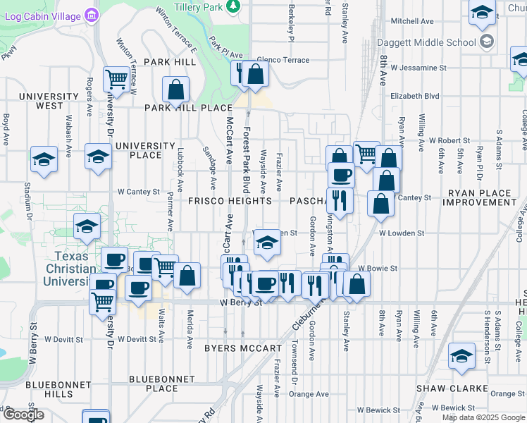 map of restaurants, bars, coffee shops, grocery stores, and more near 2816 Wayside Avenue in Fort Worth