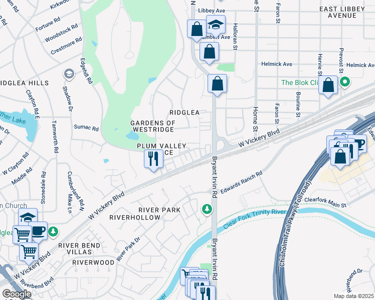 map of restaurants, bars, coffee shops, grocery stores, and more near 6016 Westridge Lane in Fort Worth