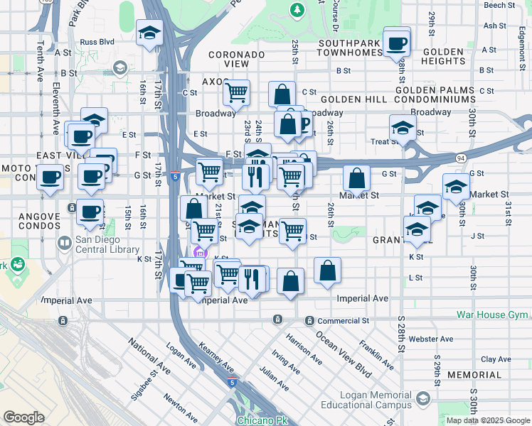 map of restaurants, bars, coffee shops, grocery stores, and more near 2414 Island Avenue in San Diego