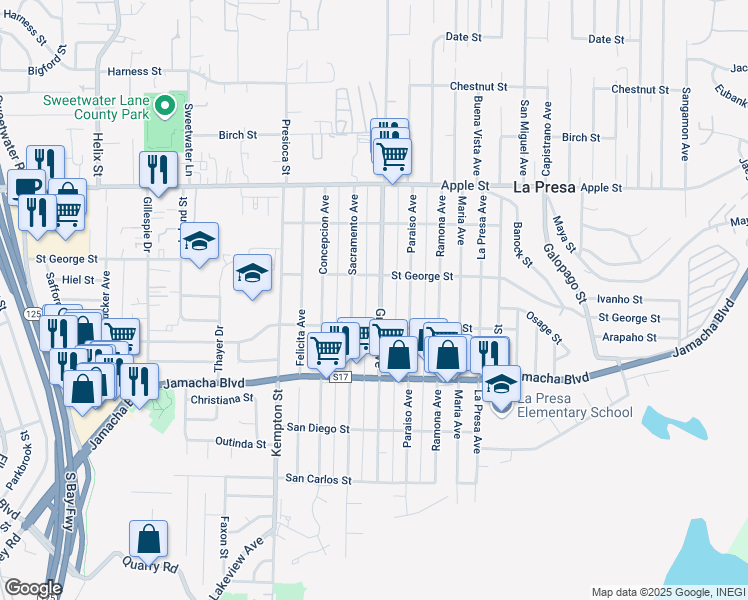 map of restaurants, bars, coffee shops, grocery stores, and more near 738 Grand Avenue in Spring Valley