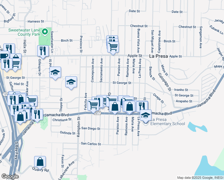 map of restaurants, bars, coffee shops, grocery stores, and more near 735 Grand Avenue in Spring Valley