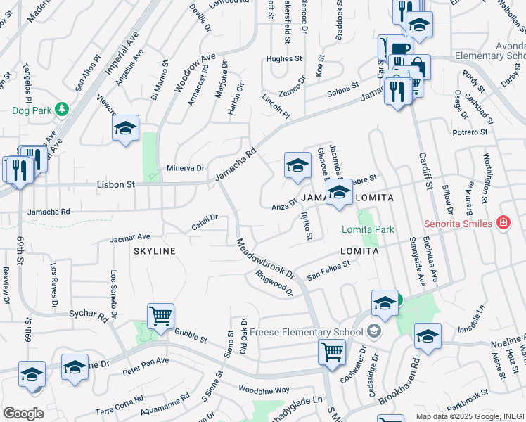 map of restaurants, bars, coffee shops, grocery stores, and more near 7903 Anza Drive in San Diego