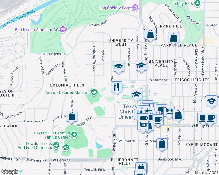 map of restaurants, bars, coffee shops, grocery stores, and more near 2820 Stadium Drive in Fort Worth