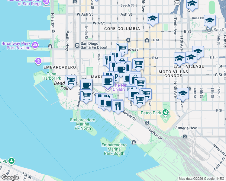 map of restaurants, bars, coffee shops, grocery stores, and more near in San Diego