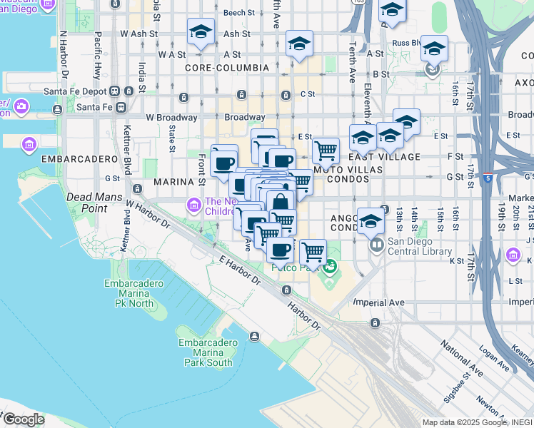 map of restaurants, bars, coffee shops, grocery stores, and more near 435 Island Avenue in San Diego