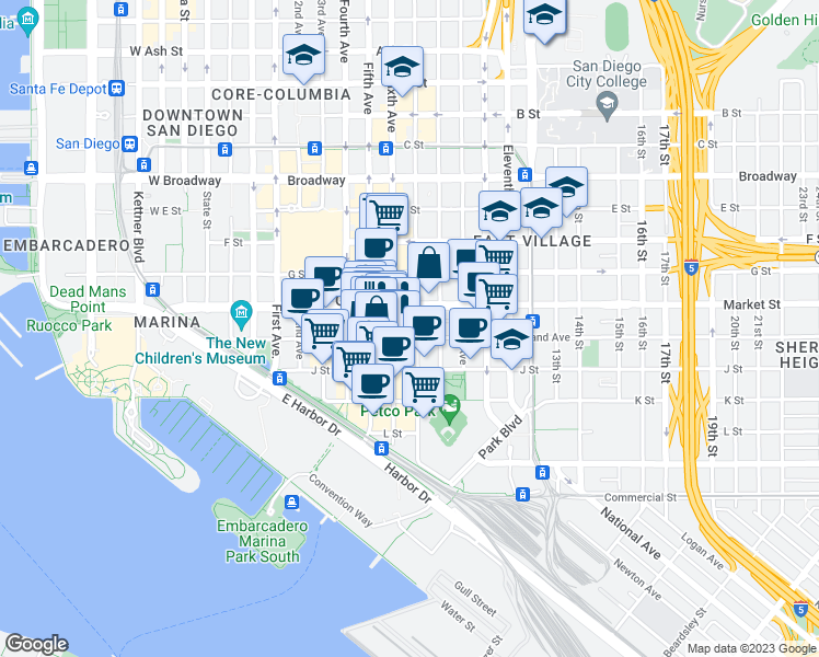 map of restaurants, bars, coffee shops, grocery stores, and more near 522 7th Avenue in San Diego