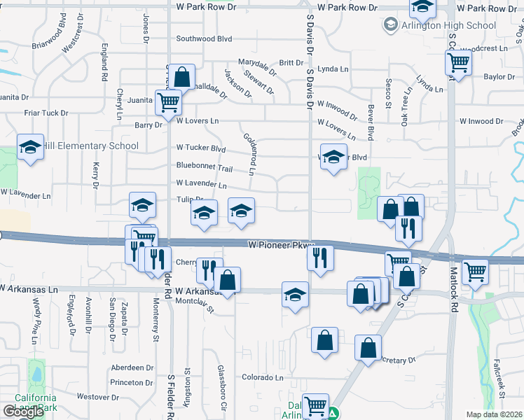 map of restaurants, bars, coffee shops, grocery stores, and more near 1308 Columbine Court in Arlington