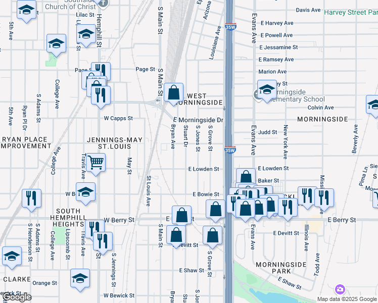 map of restaurants, bars, coffee shops, grocery stores, and more near 2816 Stuart Drive in Fort Worth