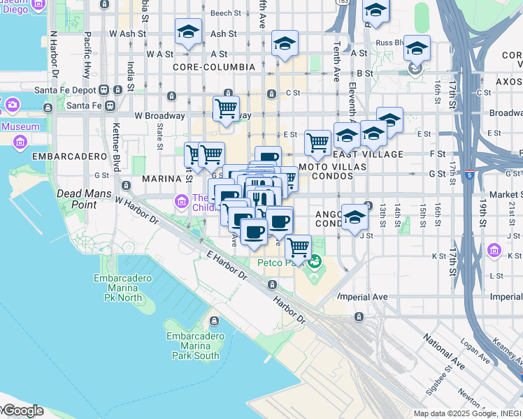 map of restaurants, bars, coffee shops, grocery stores, and more near 435 Island Avenue in San Diego
