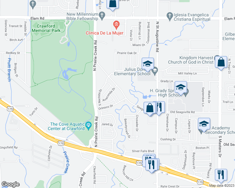 map of restaurants, bars, coffee shops, grocery stores, and more near 220 Kodiak Drive in Dallas
