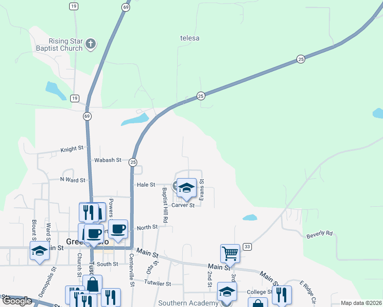 map of restaurants, bars, coffee shops, grocery stores, and more near 1501 Washington Street in Greensboro