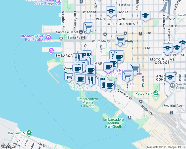 map of restaurants, bars, coffee shops, grocery stores, and more near West Harbor Drive in San Diego
