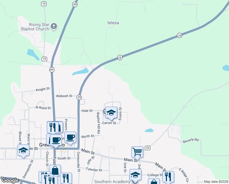 map of restaurants, bars, coffee shops, grocery stores, and more near 1501 Washington Heights in Greensboro