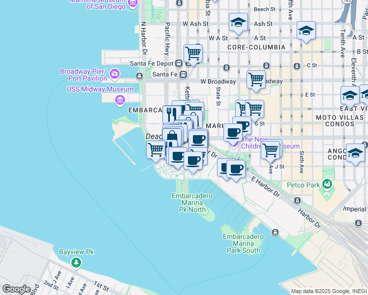 map of restaurants, bars, coffee shops, grocery stores, and more near 789 West Harbor Drive in San Diego
