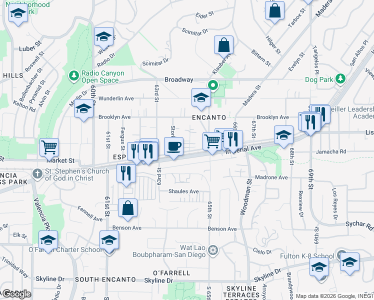 map of restaurants, bars, coffee shops, grocery stores, and more near 6396 Akins Avenue in San Diego