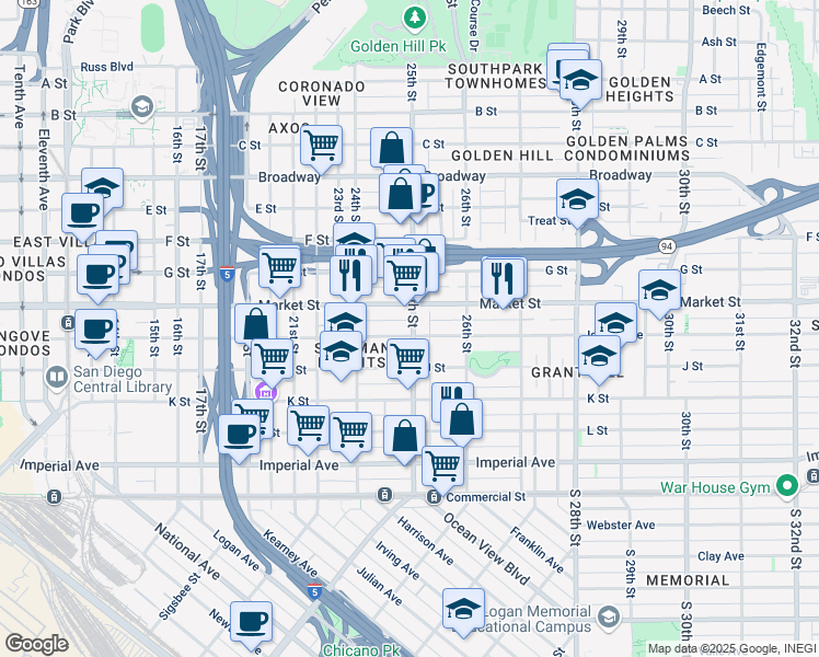 map of restaurants, bars, coffee shops, grocery stores, and more near 2462 Island Avenue in San Diego