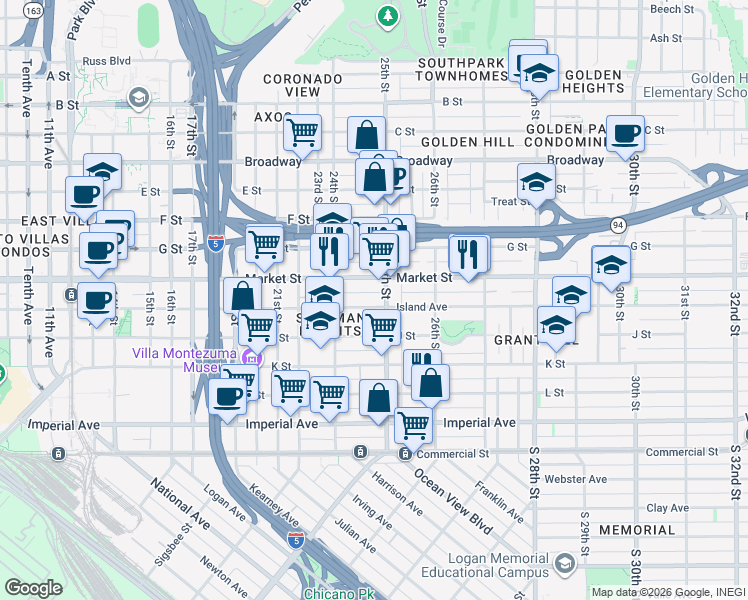 map of restaurants, bars, coffee shops, grocery stores, and more near 2462 Island Avenue in San Diego