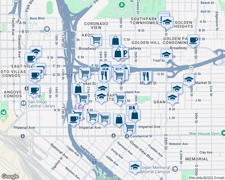 map of restaurants, bars, coffee shops, grocery stores, and more near 2462 Island Avenue in San Diego