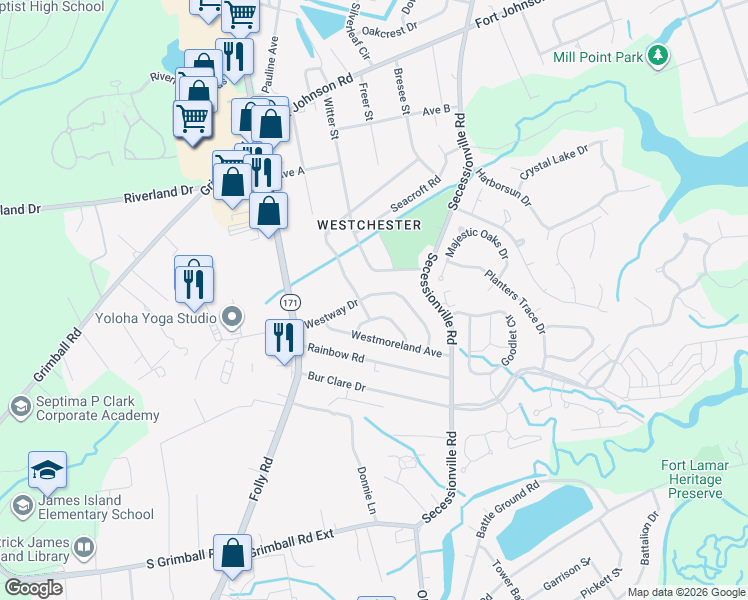 map of restaurants, bars, coffee shops, grocery stores, and more near 1536 Westridge Circle in Charleston