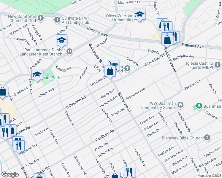 map of restaurants, bars, coffee shops, grocery stores, and more near 2657 Marfa Avenue in Dallas