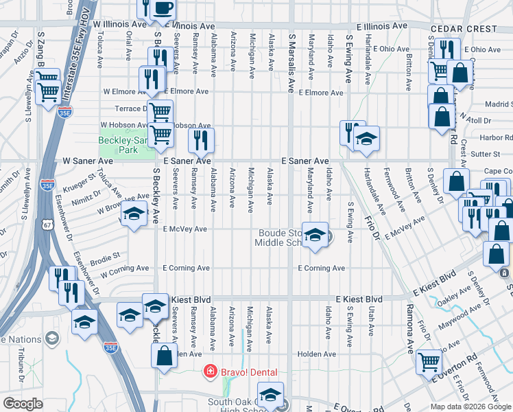 map of restaurants, bars, coffee shops, grocery stores, and more near 2927 Alaska Avenue in Dallas