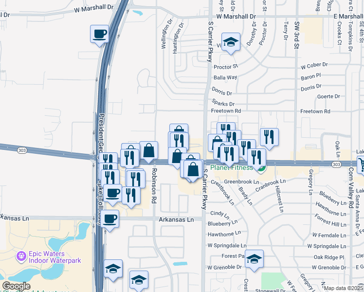 map of restaurants, bars, coffee shops, grocery stores, and more near 810 West Pioneer Parkway in Grand Prairie