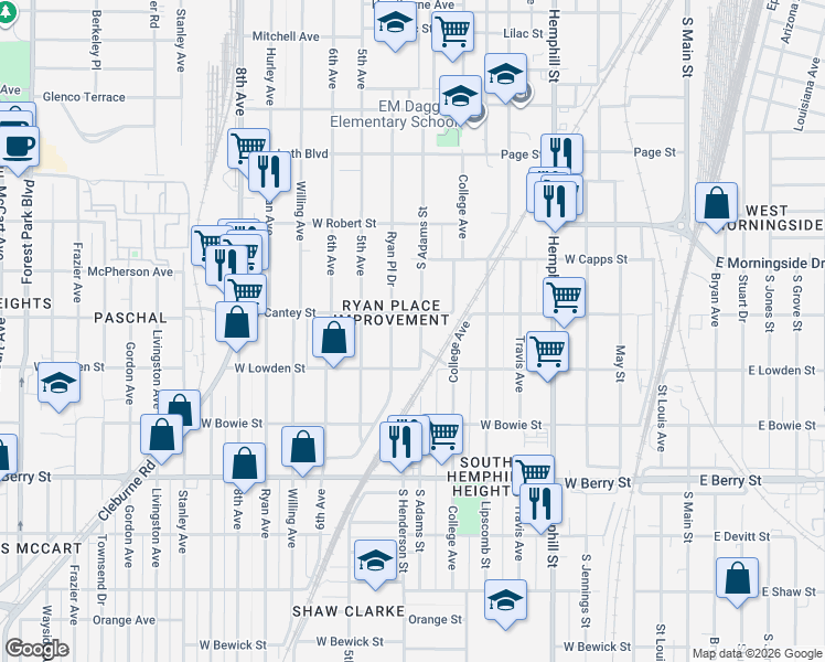 map of restaurants, bars, coffee shops, grocery stores, and more near 2823 South Adams Street in Fort Worth