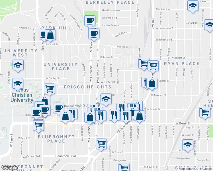 map of restaurants, bars, coffee shops, grocery stores, and more near 2816 Wayside Avenue in Fort Worth