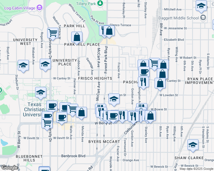 map of restaurants, bars, coffee shops, grocery stores, and more near 2816 Wayside Avenue in Fort Worth