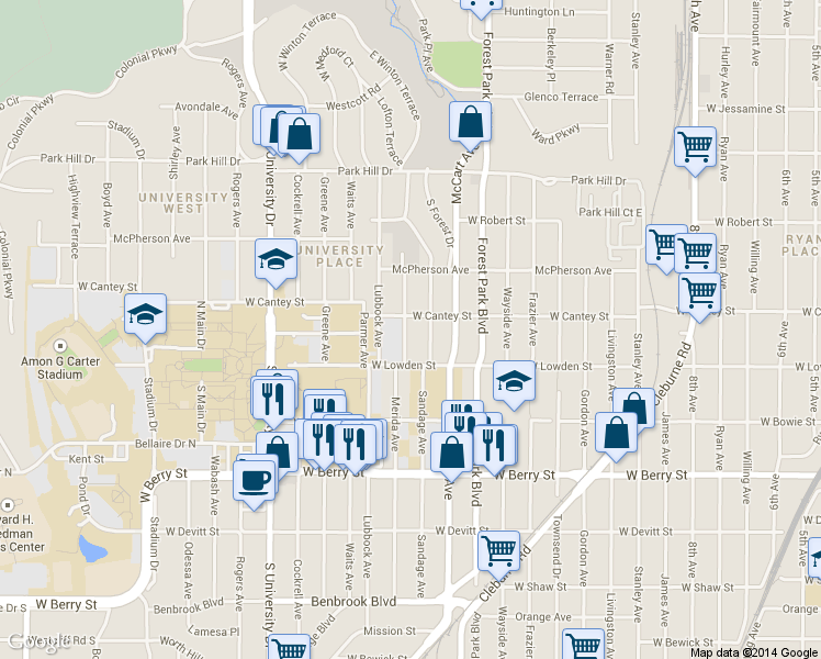 map of restaurants, bars, coffee shops, grocery stores, and more near 2816 Sandage Avenue in Fort Worth
