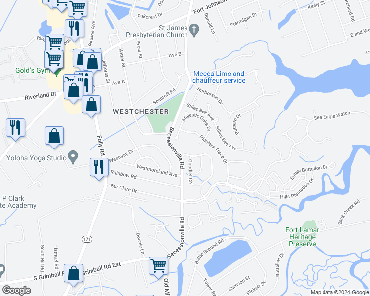 map of restaurants, bars, coffee shops, grocery stores, and more near 1501 Secessionville Road in Charleston