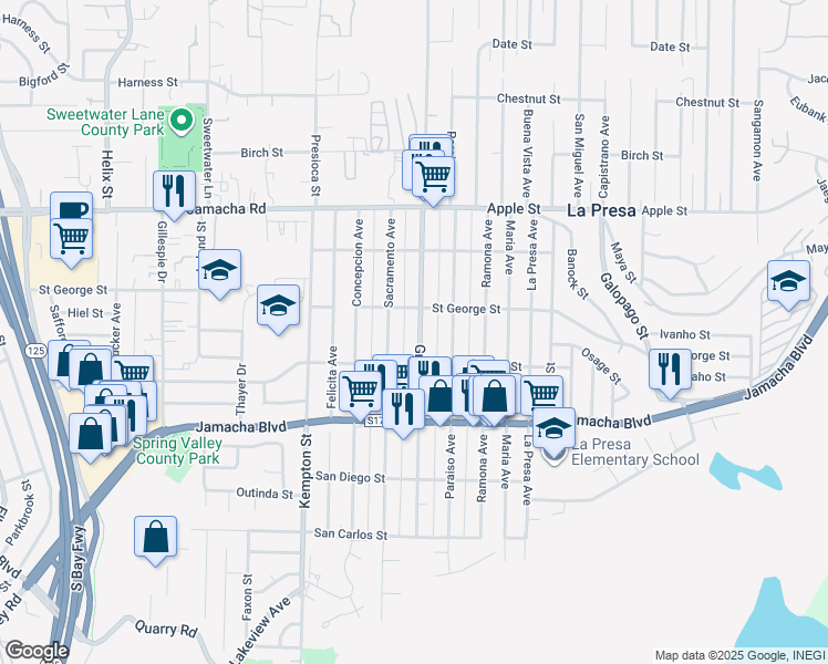 map of restaurants, bars, coffee shops, grocery stores, and more near 738 Grand Avenue in Spring Valley