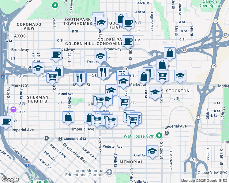 map of restaurants, bars, coffee shops, grocery stores, and more near 2890 Island Avenue in San Diego