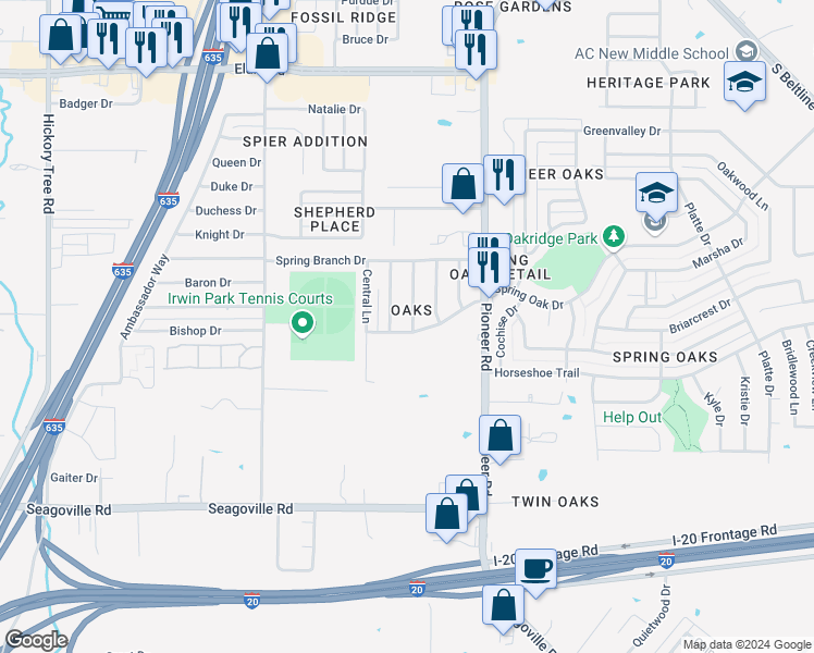 map of restaurants, bars, coffee shops, grocery stores, and more near 4319 Culmer Lane in Balch Springs
