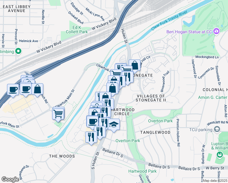 map of restaurants, bars, coffee shops, grocery stores, and more near 2820 South Hulen Street in Fort Worth