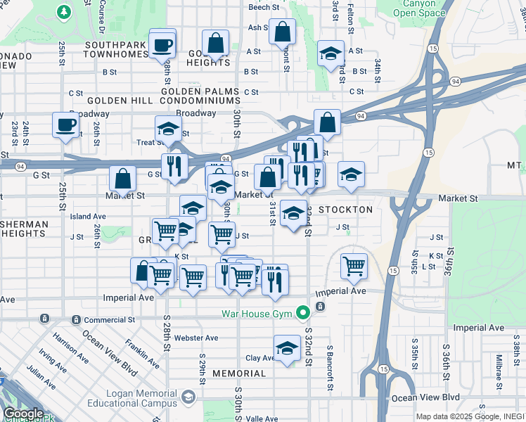 map of restaurants, bars, coffee shops, grocery stores, and more near 440 31st Street in San Diego