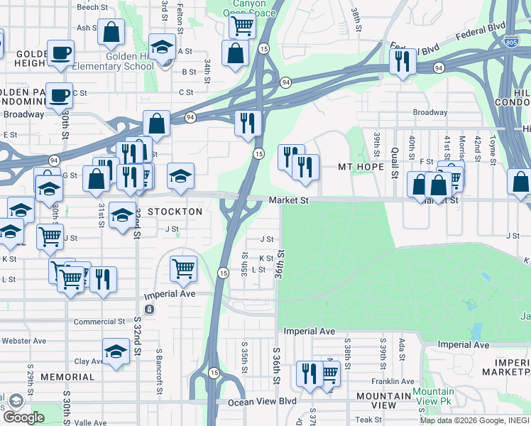 map of restaurants, bars, coffee shops, grocery stores, and more near 3554 Island Avenue in San Diego