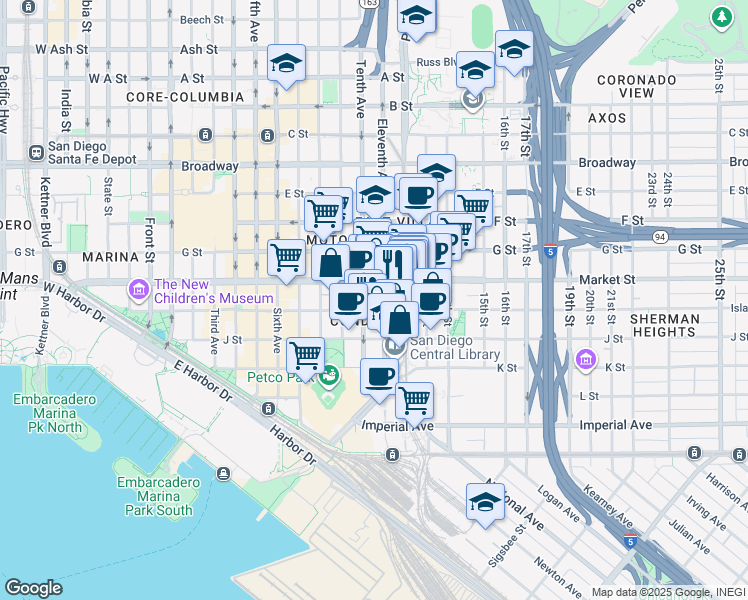 map of restaurants, bars, coffee shops, grocery stores, and more near 1050 Island Avenue in San Diego