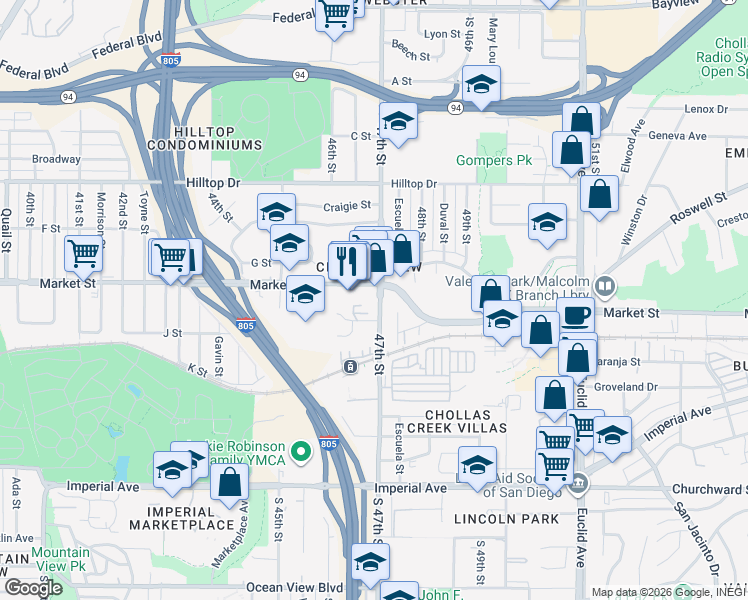 map of restaurants, bars, coffee shops, grocery stores, and more near 47th Street in San Diego