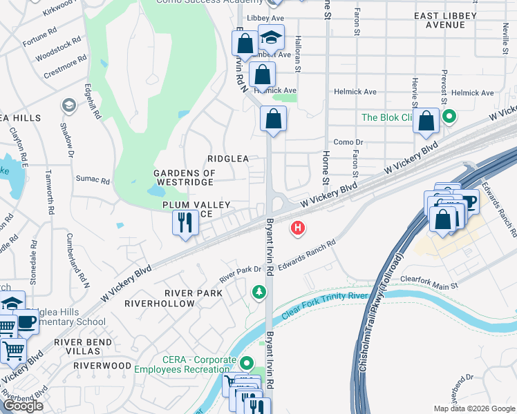 map of restaurants, bars, coffee shops, grocery stores, and more near 1005 Ridglea Lane in Fort Worth