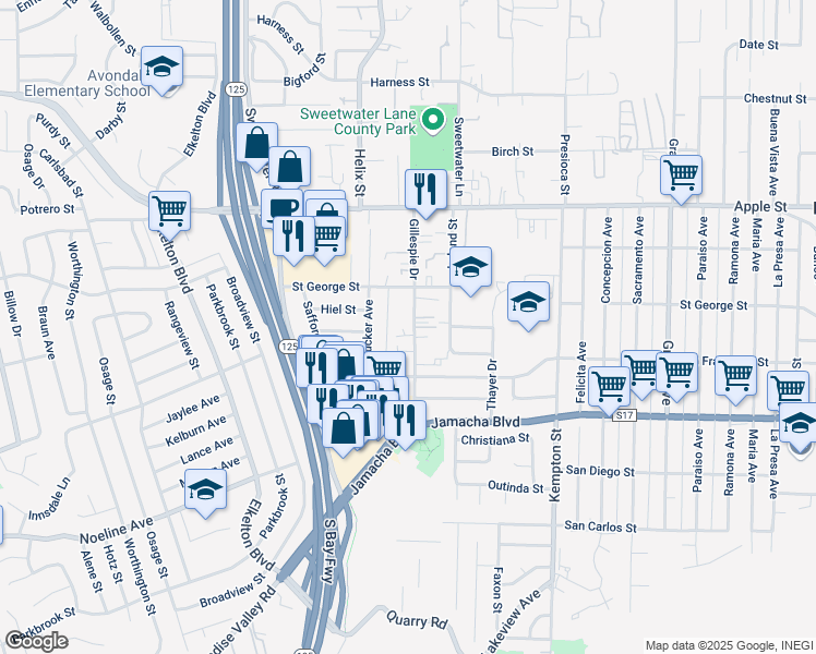map of restaurants, bars, coffee shops, grocery stores, and more near 930 Gillespie Drive in Spring Valley