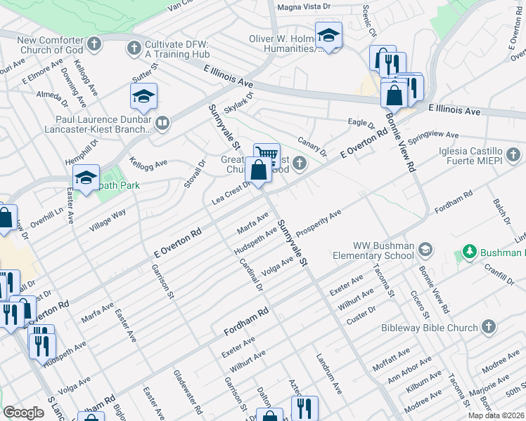 map of restaurants, bars, coffee shops, grocery stores, and more near 2657 Marfa Avenue in Dallas