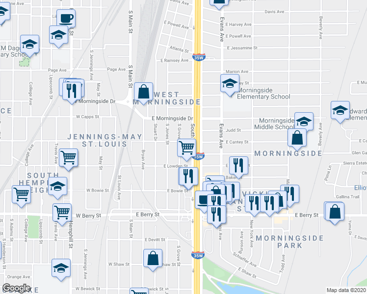 map of restaurants, bars, coffee shops, grocery stores, and more near 2811 South Grove Street in Fort Worth