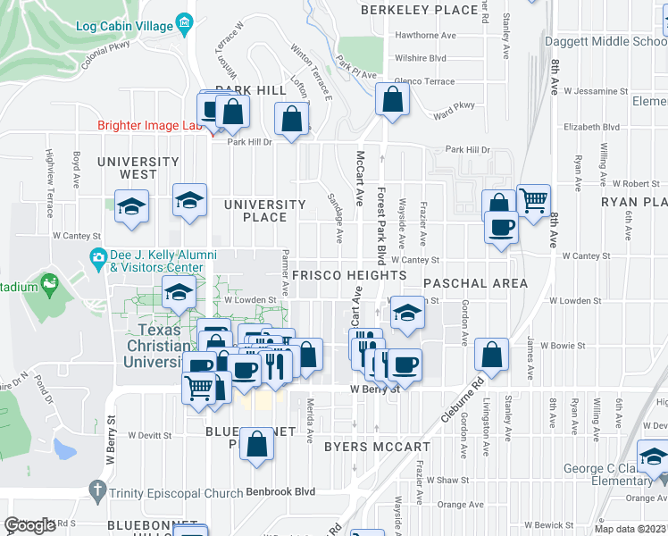 map of restaurants, bars, coffee shops, grocery stores, and more near 2816 Sandage Avenue in Fort Worth