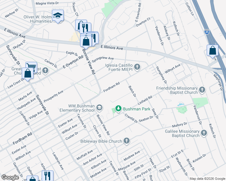 map of restaurants, bars, coffee shops, grocery stores, and more near 3020 Fordham Road in Dallas