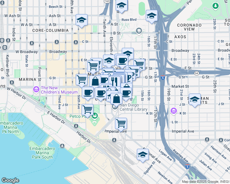 map of restaurants, bars, coffee shops, grocery stores, and more near 525 11th Avenue in San Diego