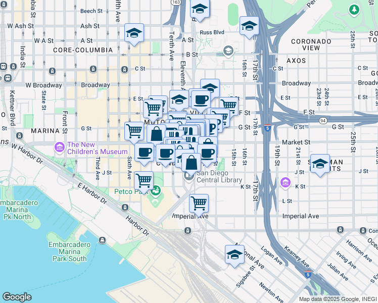 map of restaurants, bars, coffee shops, grocery stores, and more near 525 Eleventh Avenue in San Diego