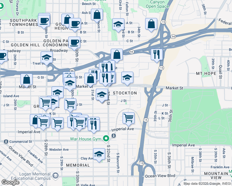 map of restaurants, bars, coffee shops, grocery stores, and more near 3225 Island Avenue in San Diego